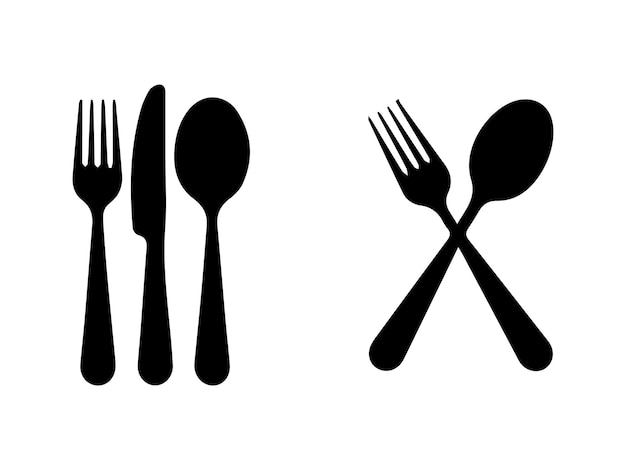 Besteck-Set mit Gabeln, Messern und Löffeln und einem gekreuzten Utensilien-Symbol