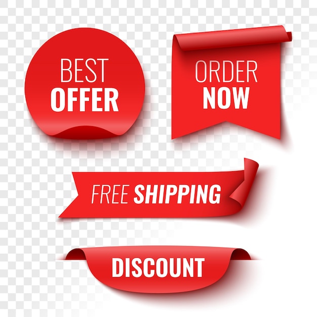 Bestes Angebot jetzt bestellen kostenloser Versand und Rabatt-Verkaufsbanner Rote Bänder-Tags und Aufkleber Vektor-Illustration