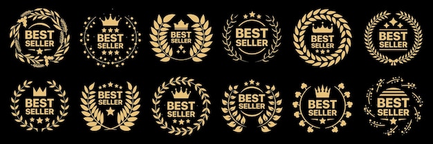 Vektor bestseller-abzeichen-kollektion set von bestseller-emblem mit lorbeerkranzkrone und stern-icon bestseller-etikett-kollektion bestseller-iconen für produktetikett