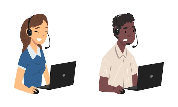 Betreiber des Callcenter-Büros sitzt vor einem Laptop und arbeitet mit Kopfhörern im Vektor-Set