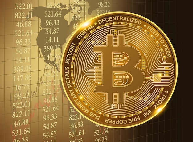 Betriebswirtschaftlicher Hintergrund mit Bitcoin-Symbol und 3D-Finanzdatendiagrammen.