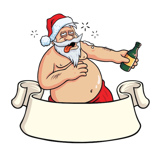 Betrunkener weihnachtsmann trinkt bier schnaps weihnachtsgrußkarte vektor-cartoon-illustration