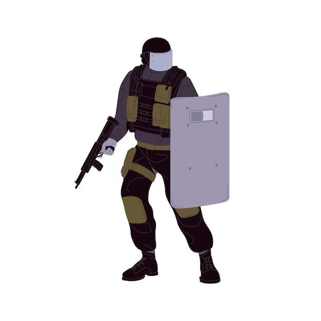 Bewaffneter Soldat der SWAT Polizeidienst in Körperpanzerung mit kugelsicherem Schild Angriffsgewehr Armeekämpfer in Uniform hält Pistole Schusswaffe flache isolierte Vektor-Illustration auf weißem Hintergrund