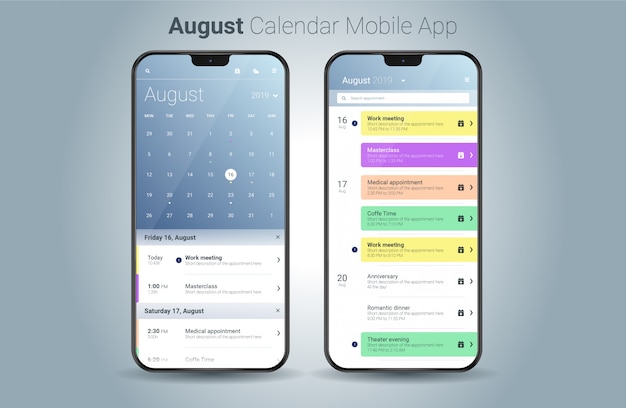 Bewegliche Anwendung des August-Kalenders leichte UI