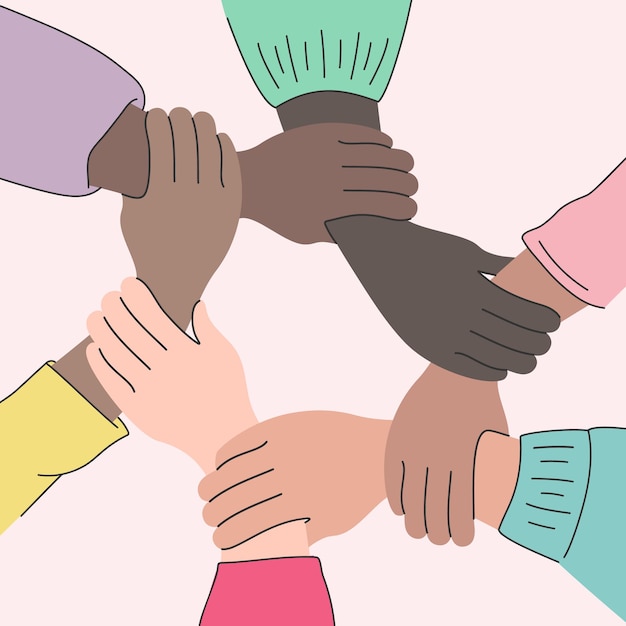 Bewegung gegen Diskriminierung, Ungleichheit, Antirassismus, Allyship, Frauenfeminismus, Internationaler Frauentag, Multikulturelle Hände, die Community-Team-Konzept halten, Rassengleichheit