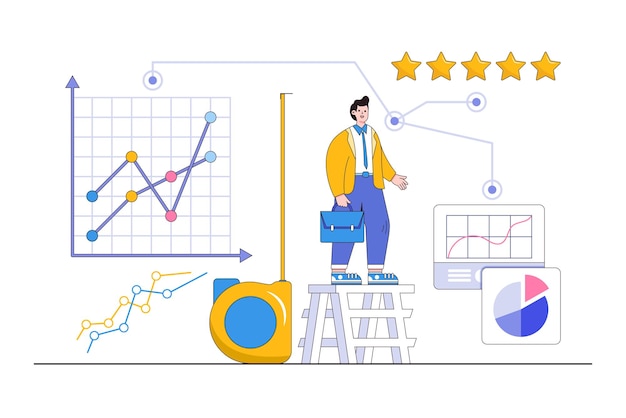 Bewertung der Mitarbeiterleistung Jährliche Überprüfung zur Zielerreichungsbewertung für Feedback-Konzepte Geschäftsmannsmanager verwenden Maßband, um Arbeiter mit guter Bewertung zu bewerten und zu analysieren