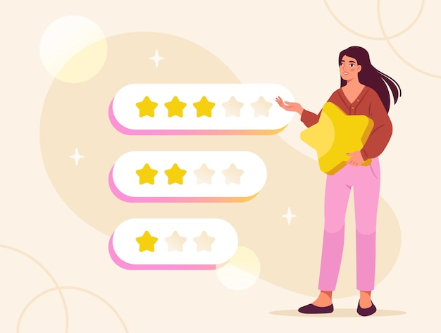 Bewertung des Produktkonzepts Frau mit Stern in der Nähe des Rankings und der Bewertung Feedback und Bewertungen im Internet Junges Mädchen mit Bewertung Grafisches Element für die Website Cartoon Flat Vector Illustration
