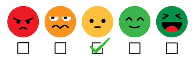 Bewertungs-Emoji-Set mit Kontrollkästchen und Ankreuzzeichen für Kundenfeedback und -erfahrung