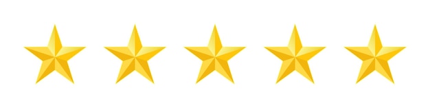Bewertungssymbol Satz von fünf spitzen gelben goldenen Sternen Qualitätsbewertung Produkt- oder Dienstleistungsqualität