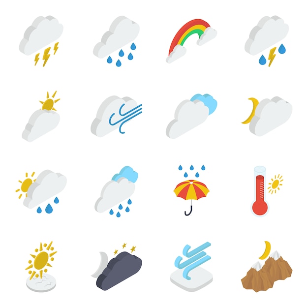 Bewölktes wetter isometrische icons pack