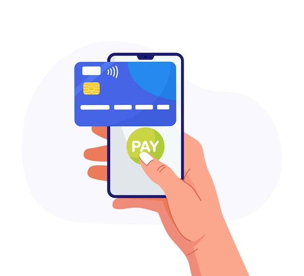 Bezahlen Sie per Kreditkarte über die elektronische Geldbörse am Telefon. Mobile Banking-App, kontaktloses Bezahlen. Hand hält Smartphone mit virtueller Bankkarte. Einkaufen per Telefon und verbundener Kreditkarte, digitales Geld.