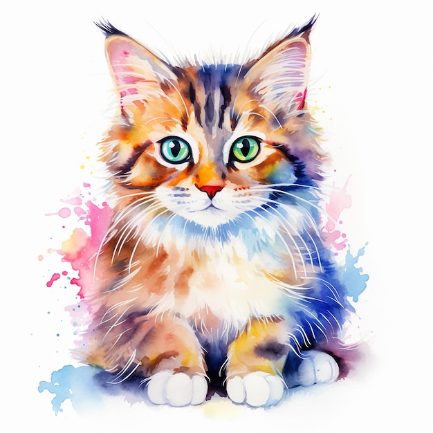 Bezaubernde aquarell-katzenkunst auf weißem hintergrund | Premium-Vektor