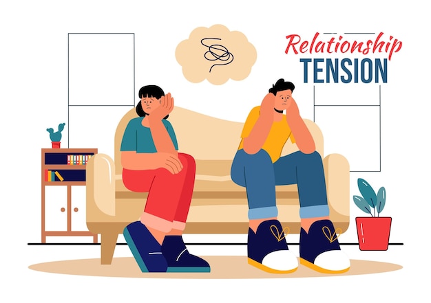 Beziehungsspannungsvektor-Illustration mit einem jungen Paar, das diskutiert und getrennt sitzt und seine Meinungsverschiedenheiten auf einem flachen Cartoon-Hintergrund zum Ausdruck bringt