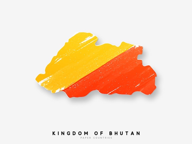 Bhutan-Detaillierte Karte mit Landesflagge. Gemalt in Aquarellfarben in der Nationalflagge.