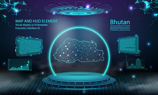 Bhutan karte licht verbindungseffekt hintergrund abstrakt digitaltechnik ui gui gui futuristisch hud virtuelle schnittstelle mit bhutan karte futuristisches podium der bühne im nebel