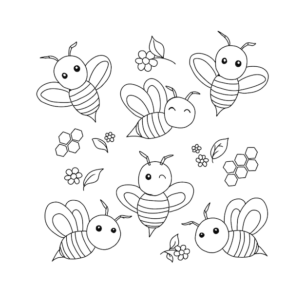 Biene handgezeichnete Doodle-Illustrationen, Vektorset