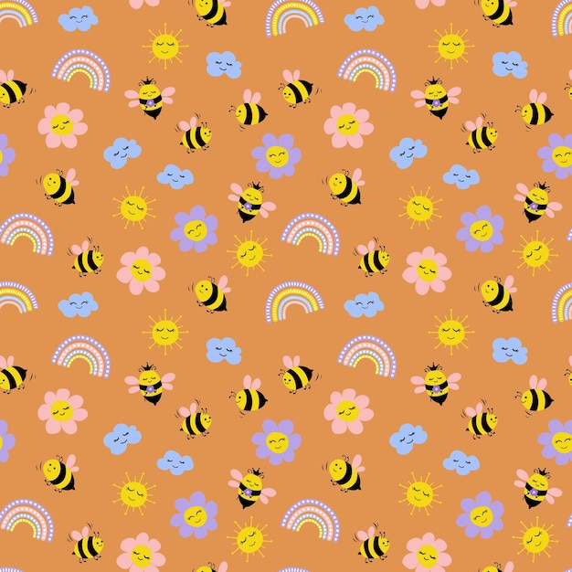 Biene Nahtloses Muster Niedliche handgezeichnete Bienen Blumen Wolken Regenbogen Sonne Design für Stoff
