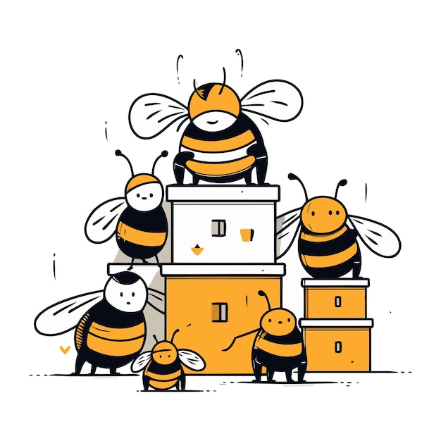 Bienen und schloss vektor-illustration im doodle-stil