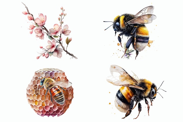 Bienenstock rosa blumen und bienen im 3d-stil isolierte vektorillustration