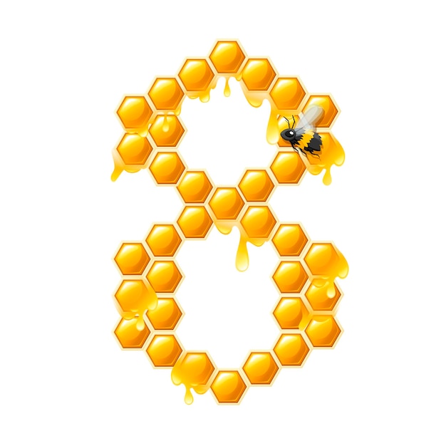 Vektor bienenwabe nummer 8 mit honigtropfen und bienenkarikaturstillebensmitteldesign flache vektorillustration lokalisiert auf weißem hintergrund.