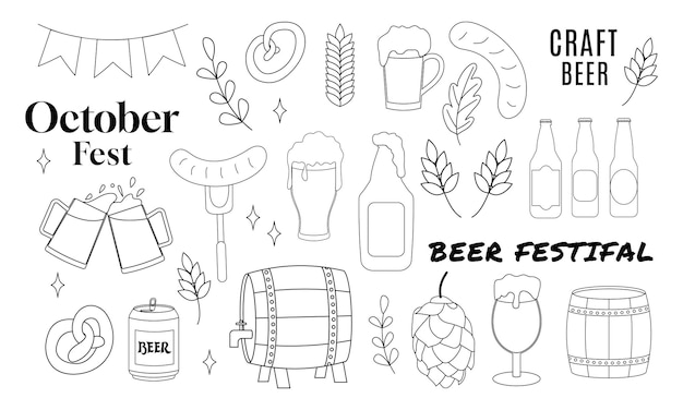 Bier-Set handgezeichnetes Umriss Doodles Vektorillustration mit Schriftzeichen