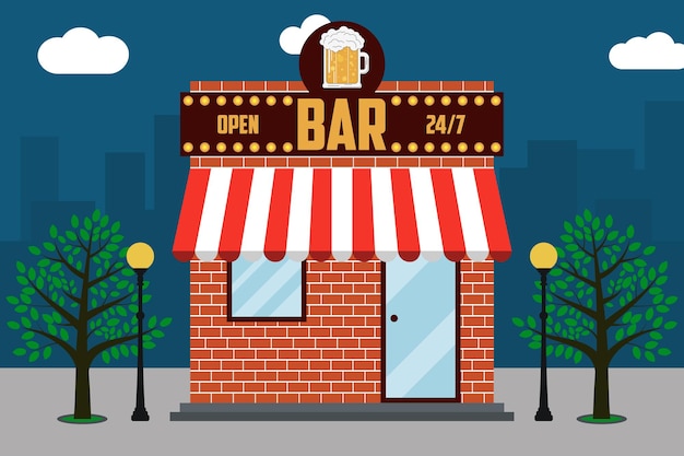 Bierbar-Gebäudefassade mit Schild mit Glas Bierstraßenlaternenbäumen