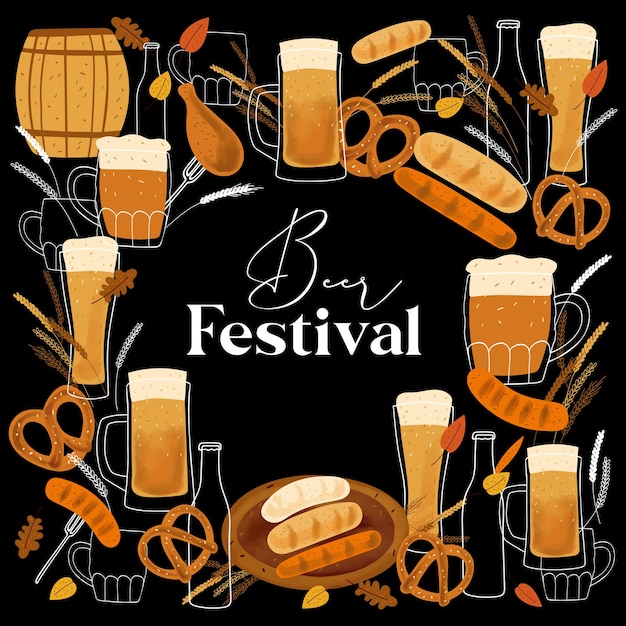 Bierfest-kartendesign mit stilisierten illustrationsbechern mit bierbrezel-snack und gegrillter wurst auf schwarzem hintergrund