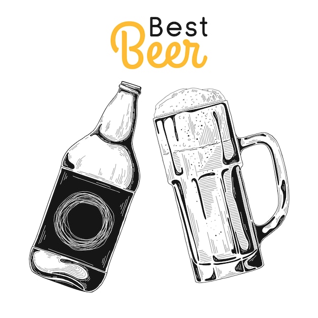 Vektor bierflasche. glas mit bier. bestes bier. illustration eines skizzenstils.