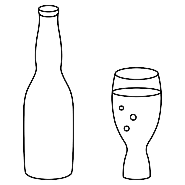 Vektor bierflasche und glasgetränkglas mit aufsteigenden blasen im doodle-stil