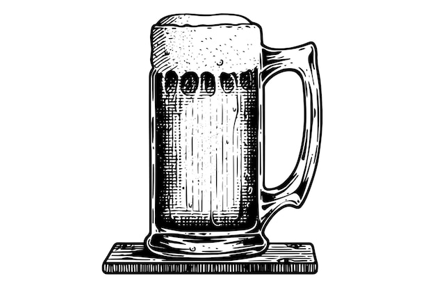 Bierglas mit Ale und üppigem Schaum. Handgezeichnete Tuscheskizze. Gravur im Vintage-Stil, Vektorillustration