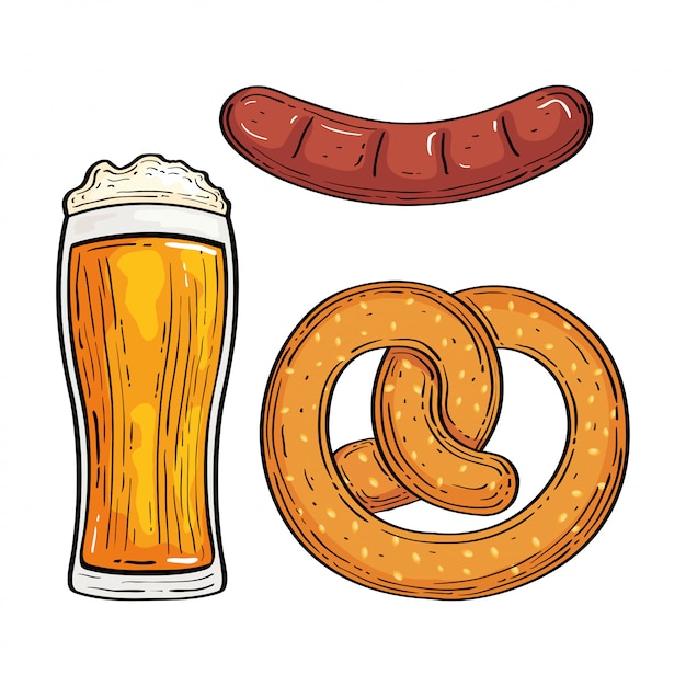 Vektor bierglas mit brezel und wurst