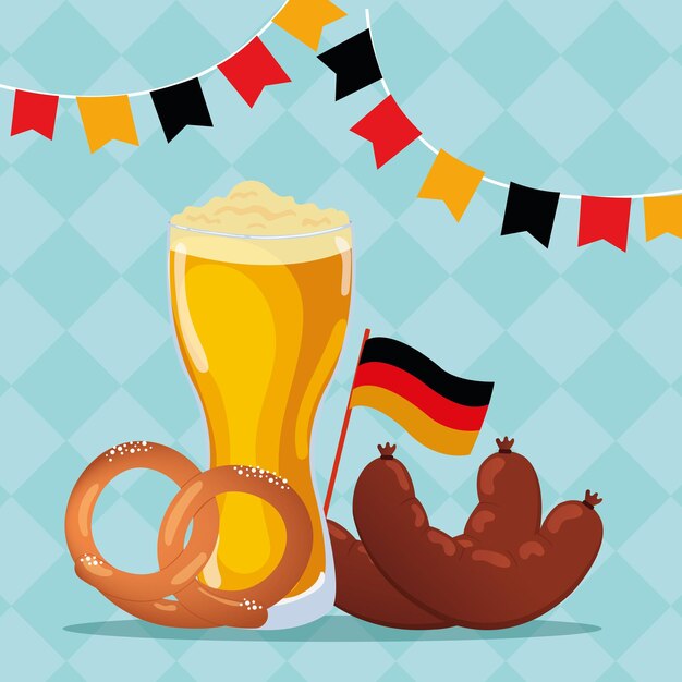 Bierglas-Pretzel und Würstchen Oktoberfest-Poster Vektor-Illustration