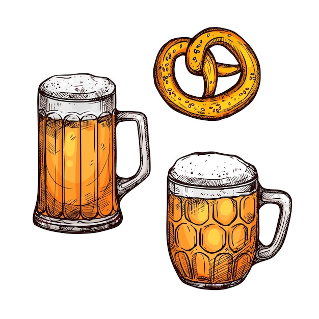 Bierglas und bayerische Brezel isolierte Skizze
