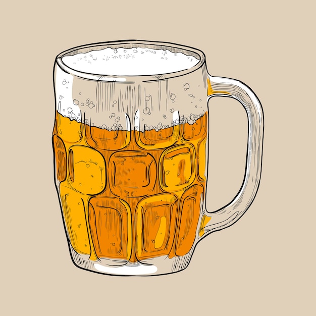 Bierkrug mit hellem Bier und Schaum Hand gezeichnete mehrfarbige Vektorgrafik