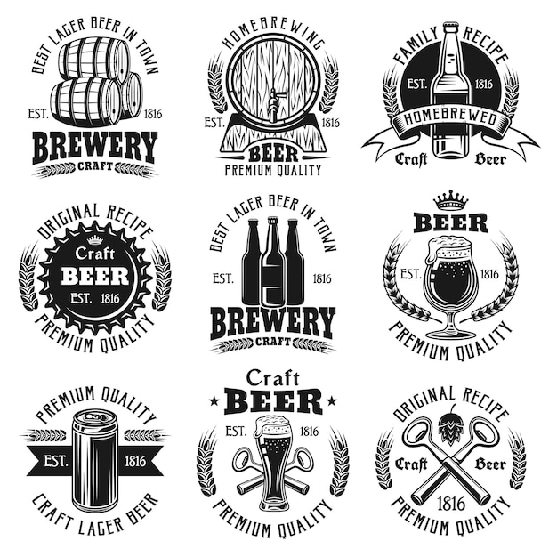 Biersatz der schwarzen Weinlese-Logo-Schablonen