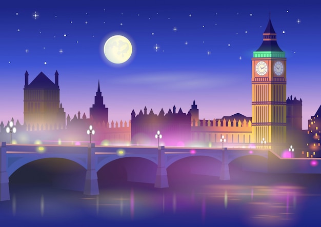 Big Ben und Westminster Bridge in London bei Nacht. Vektorillustration im Karikaturstil.