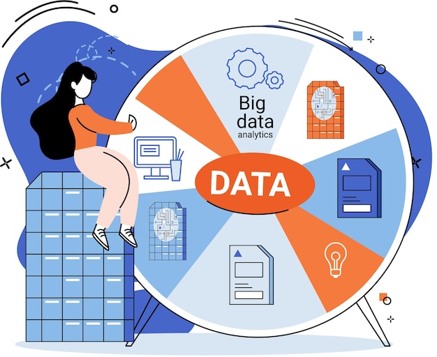 Vektor big data analytics prozess der analyse komplexer datenquellen für effektive geschäftsentscheidungen metapher