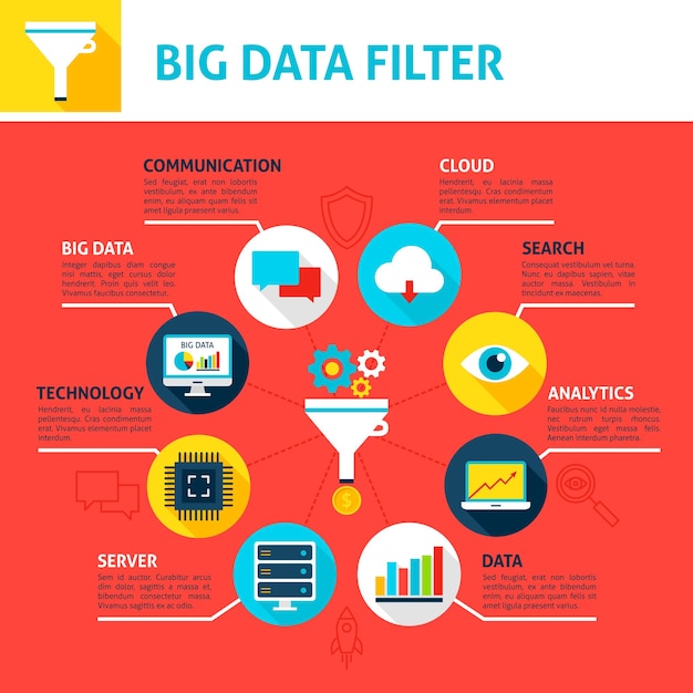 Big data-filter-infografiken. flaches design-vektor-illustration des geschäftsanalyse-konzeptes.