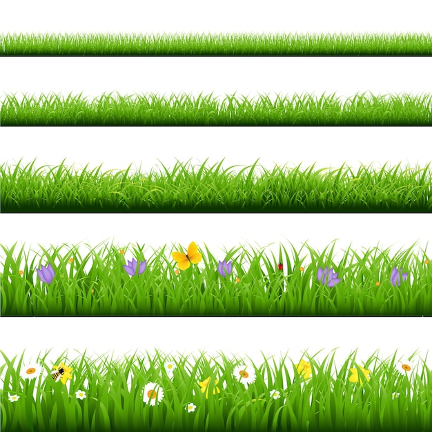 Big grass set mit schmetterling und blumen mit gradient mesh illustration