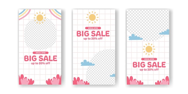 Big sale angebot promotion social media stories vorlage für rabatt für kinder baby mit niedlichem kawaii abstract mit memphis-element