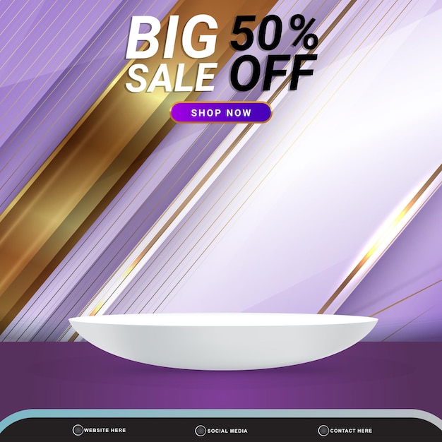 Big sale banner social media template post mit leerzeichen 3d-podium für produkt mit abstraktem lila und luxuriösem farbverlauf hintergrunddesign