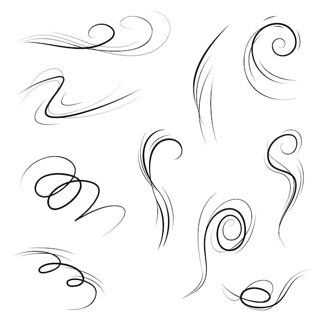 Big Set Black Collection Einfache Linie Windböe Squall Curl Doodle Umriss Natur Element Vektor