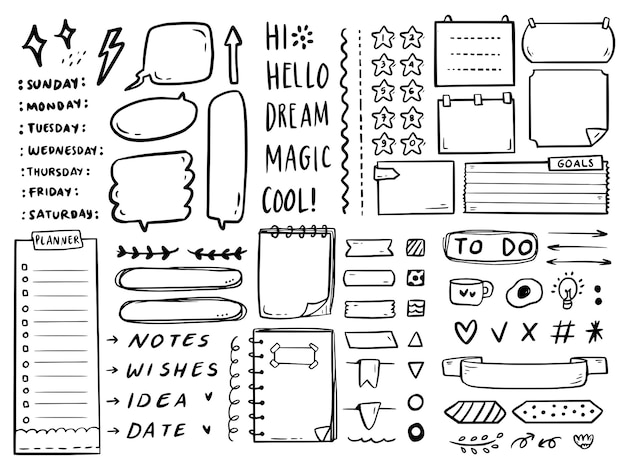 Big set bullet journal notizen, um liste zeichnung doodle sammlung zu tun