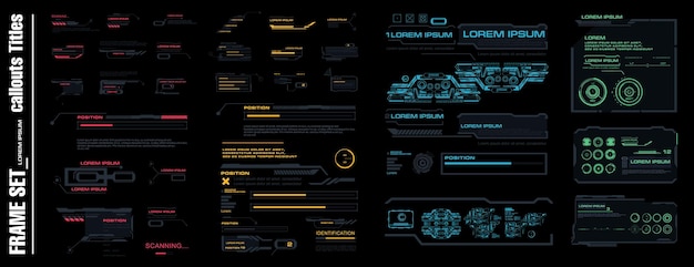 Big Set Frames Callouts und Headers Satz moderner Elemente für die HUD-Oberfläche Menüelemente für die HUD-Oberfläche des Spiels Informationstafeln und -felder