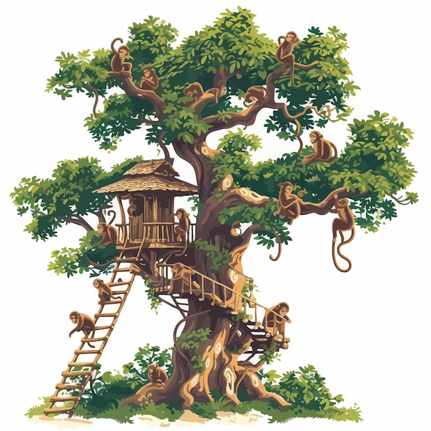 Vektor big_tree_with_treehouse_and_many_monkeys