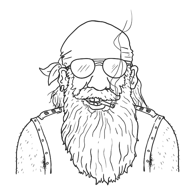 Vektor biker-charakter in sonnenbrillen mit zigarette. vektor-umriss-illustration
