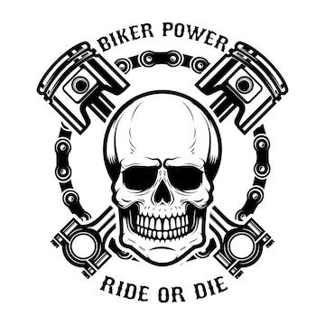 Biker power, reiten oder sterben. menschlicher schädel mit gekreuzten kolben.  element für logo, etikett, emblem, zeichen. illustration