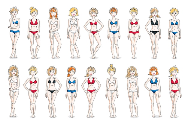 Bikini-kleidung süße und attraktive frauen vektorgrafiken große sammlung isoliert auf weißem hintergrund, perfekter schlanker kurviger körper wunderschöne weibliche zeichnungen, verschiedene menschen mädchen gesetzt.