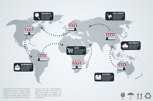 Bild der infografik-vorlage mit weltkarte, geschäften und symbolen, e-commerce-konzept