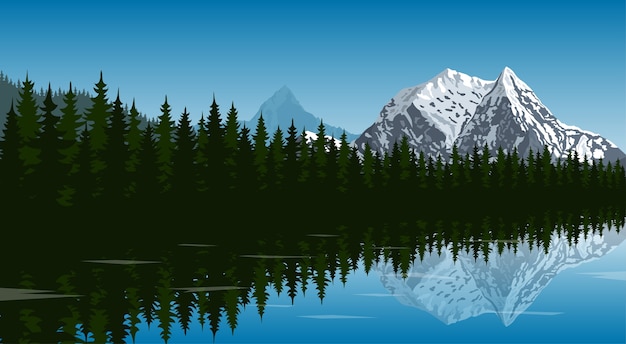 Vektor bild des sees im wald mit berggipfel auf hintergrund und reflexion im wasser-, reise-, tourismus-, wander- und trekkingkonzept, stilillustration